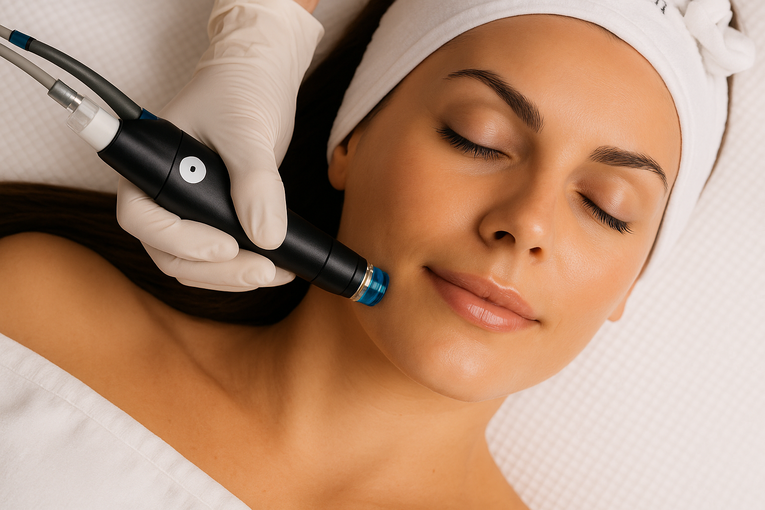 Nainen rentoutuu Hydrafacial-hoidossa kauneushoitolassa, hoitolaite ja hoitotuotteet näkyvissä taustalla.